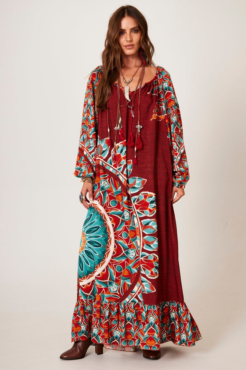 Vestido Longo Terracota Estampa De Mandalas Yacamim E2