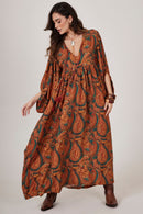 Vestido Longo Marrom Estampa Cashmere Yacamim D11