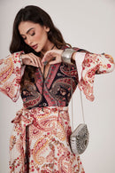 Vestido Longo Transpassado Bege E Preto Cashmere Patchwork Yacamim C17