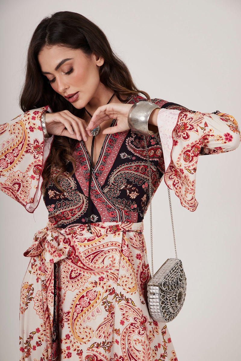 Vestido Longo Transpassado Bege E Preto Cashmere Patchwork Yacamim C17