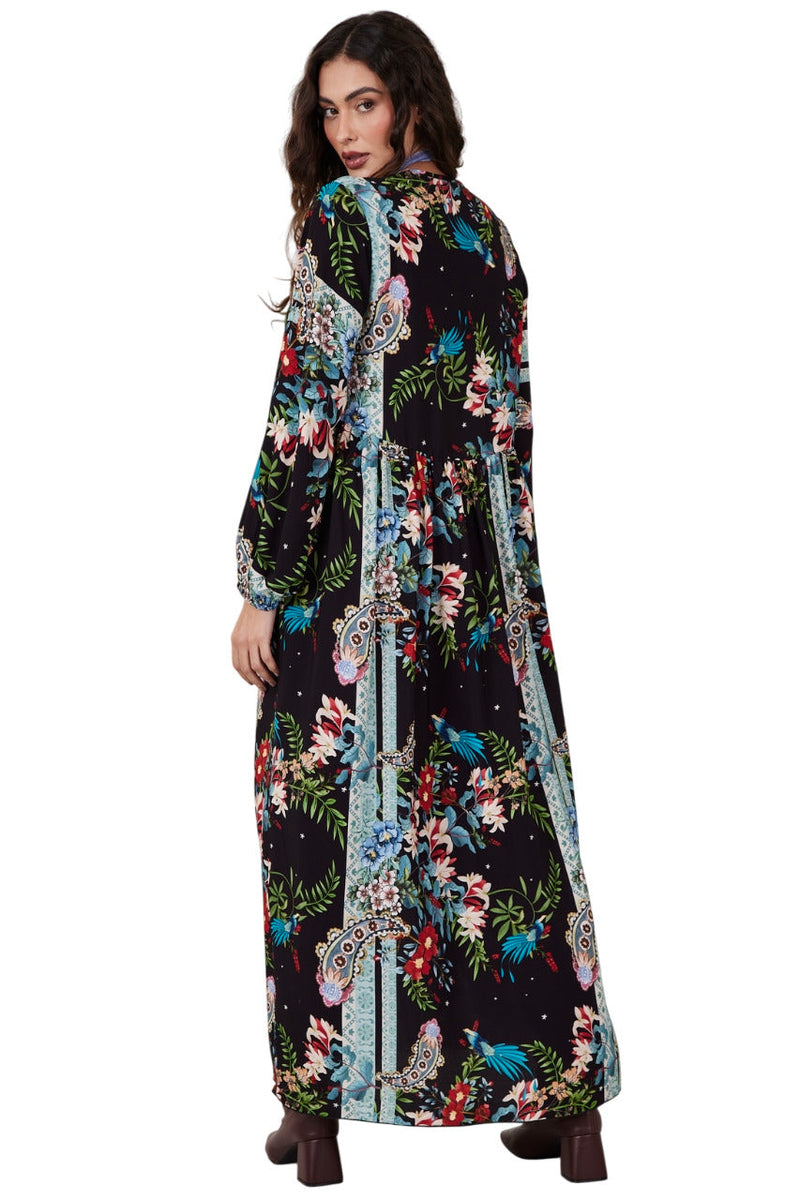 Vestido Longo Preto Estampa Cashmere Yacamim D1