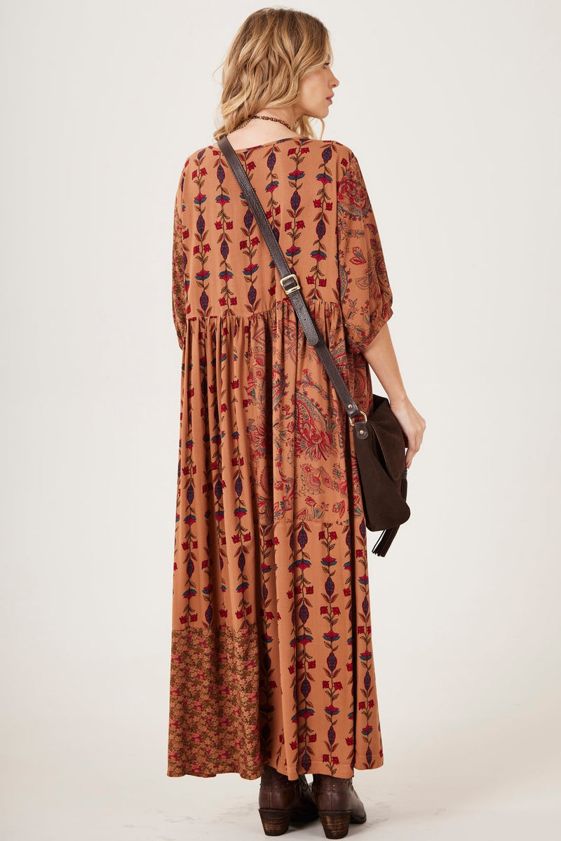 Vestido Longo Estampado Marrom patchwork Yacamim E2