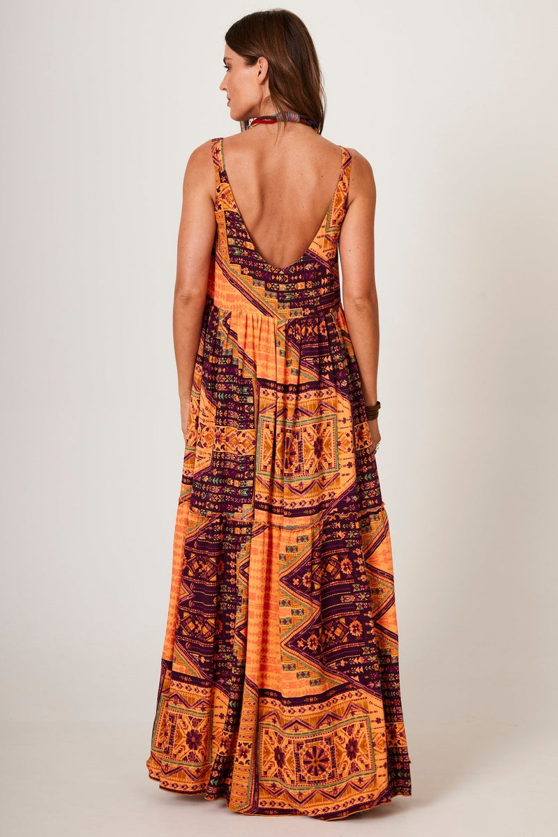 Vestido Longo De Alças Largas Laranja Estampa Geométrica Yacamim E1