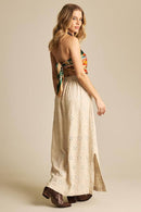 Saia Longa De Linho Evasê Bege Bordada Yacamim I8