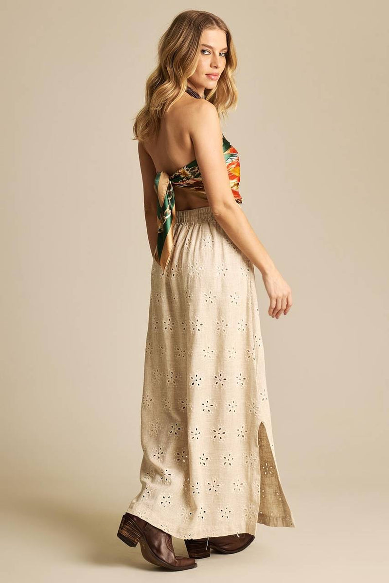 Saia Longa De Linho Evasê Bege Bordada Yacamim I8