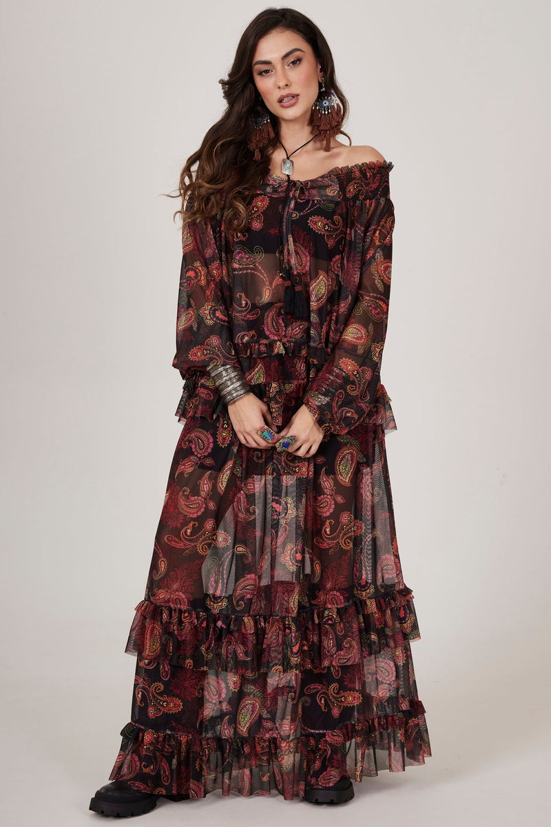 Saia Longa De Tule Preta Estampa Cashmere Yacamim A20