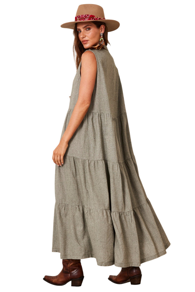 Vestido Longo Regata 3 Babados De Linho Verde Yacamim D1