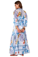 Vestido Longo De Tule Azul  Estampado Yacamim D12