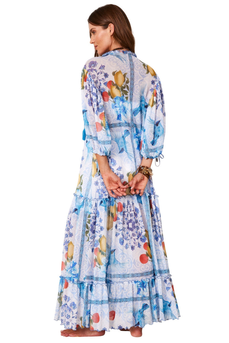 Vestido Longo De Tule Azul  Estampado Yacamim D12