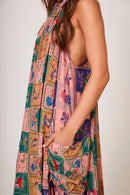 Vestido Longo Amplo Rosa Estampa Geométrica Yacamim E8