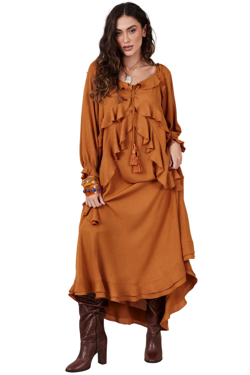 Vestido Longo Ombro A Ombro Caramelo Yacamim C14