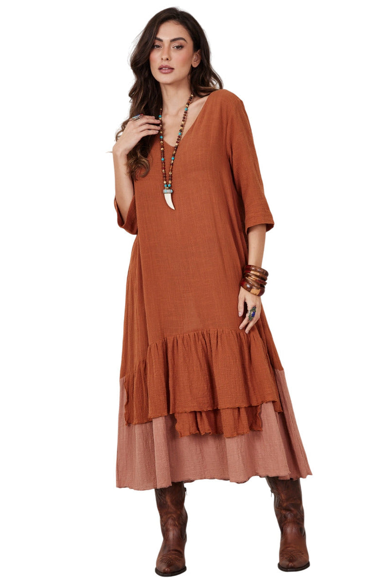 Vestido Midi Caramelo Escuro Yacamim C26