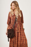 Vestido Longo Estampado Marrom patchwork Yacamim E2