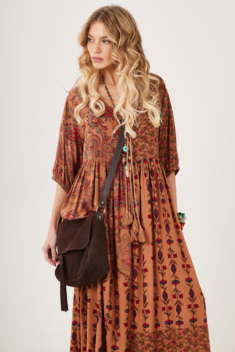 Vestido Longo Estampado Marrom patchwork Yacamim E2