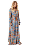 Vestido Longo Com Mangas Bufantes Azul Cashmere Yacamim E26