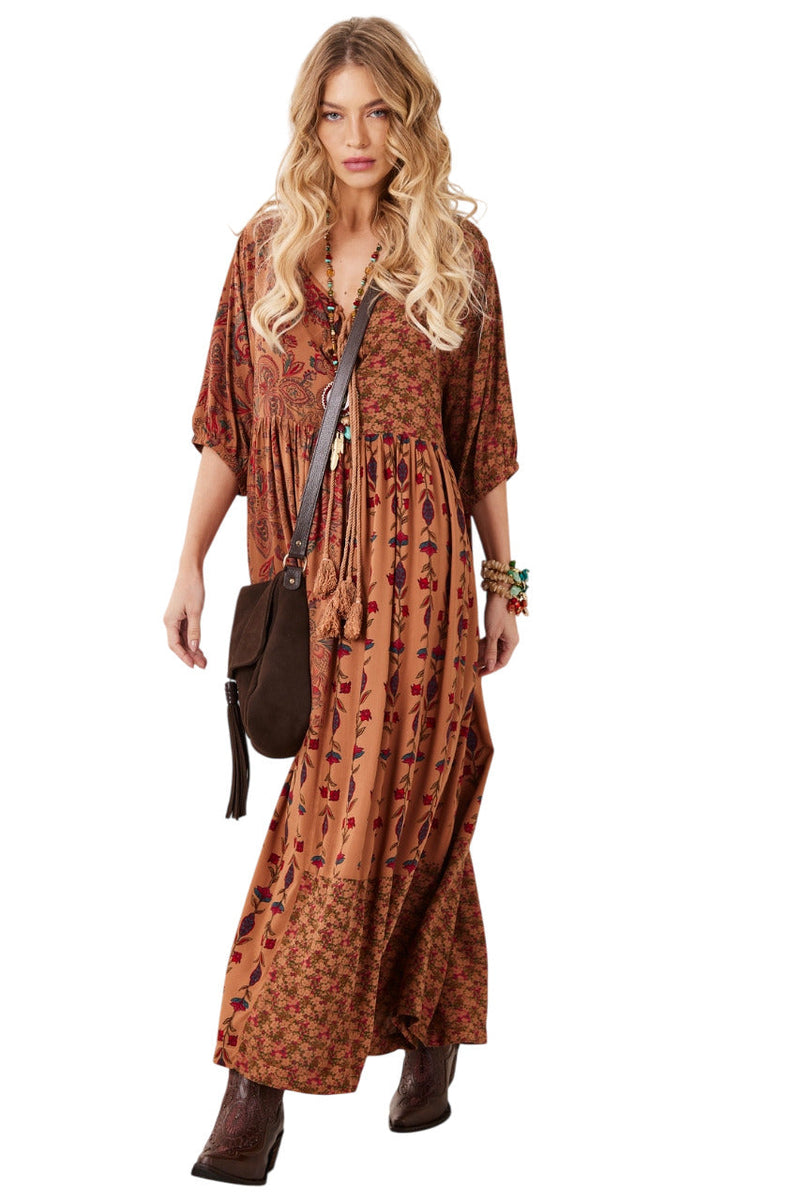 Vestido Longo Estampado Marrom patchwork Yacamim E2