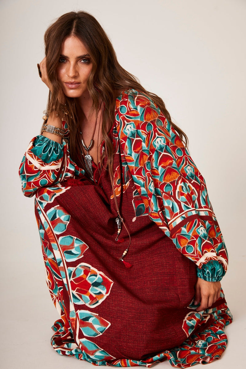 Vestido Longo Terracota Estampa De Mandalas Yacamim E2
