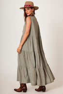 Vestido Longo Regata 3 Babados De Linho Verde Yacamim D1