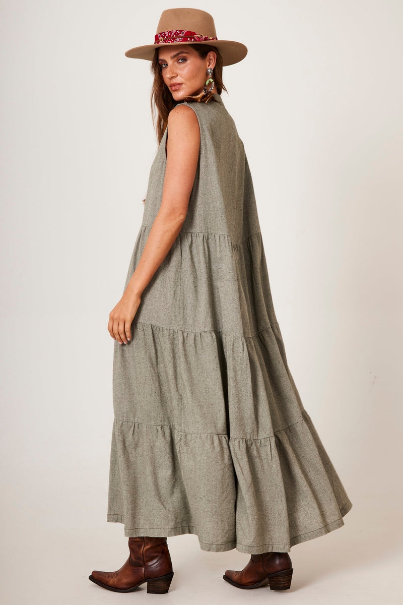 Vestido Longo Regata 3 Babados De Linho Verde Yacamim D1