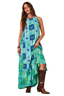 Vestido Longo Amplo Verde Patchwork Estampa Geométrica Yacamim D13