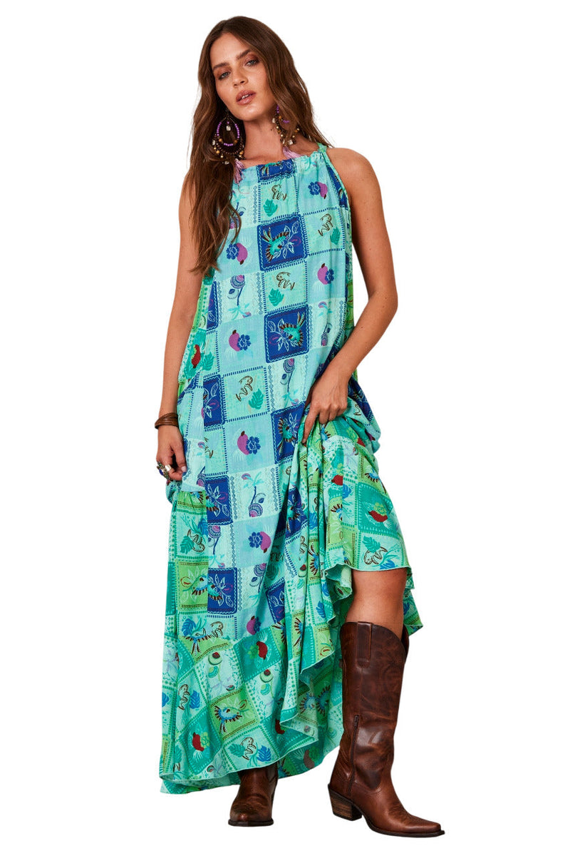 Vestido Longo Amplo Verde Patchwork Estampa Geométrica Yacamim D13