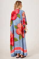 Vestido Longo Decote Ombro A Ombro Azul Estampa Arara Yacamim D27