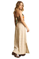 Saia Longa De Linho Evasê Bege Bordada Yacamim I8