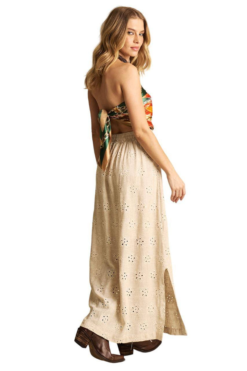 Saia Longa De Linho Evasê Bege Bordada Yacamim I8