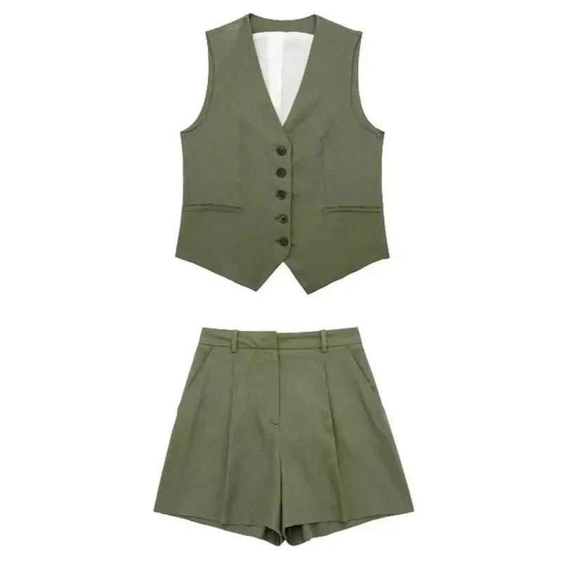 Conjunto Alfaiataria Feminino Short e Colete - Cristine Verde Militar