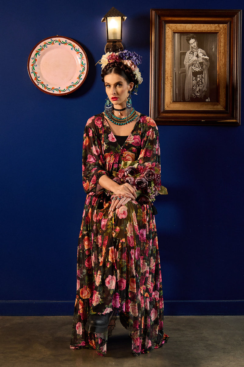 Vestido De Tule Longo Preto Estampa Floral Yacamim D15