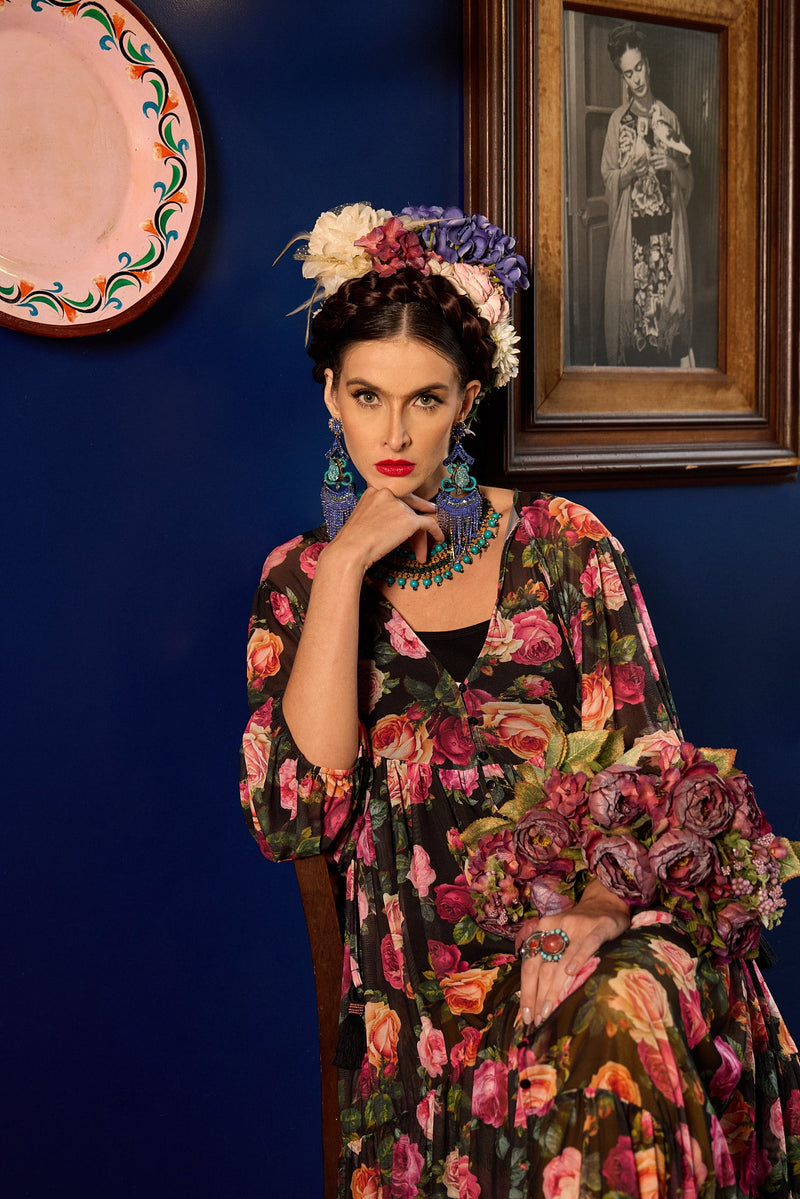 Vestido De Tule Longo Preto Estampa Floral Yacamim D15