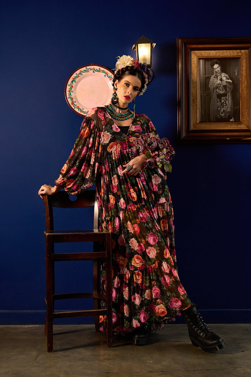 Vestido De Tule Longo Preto Estampa Floral Yacamim D15